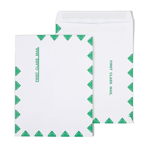 Staples First Class Self Seal 13 Envelope, 10" x 13", White with green