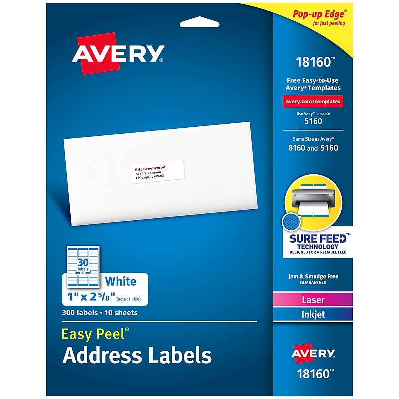 Avery Easy Peel Laser/Inkjet Address Labels, 1" x 2-5/8", White, 300 Labels/Pack (18660) image 1