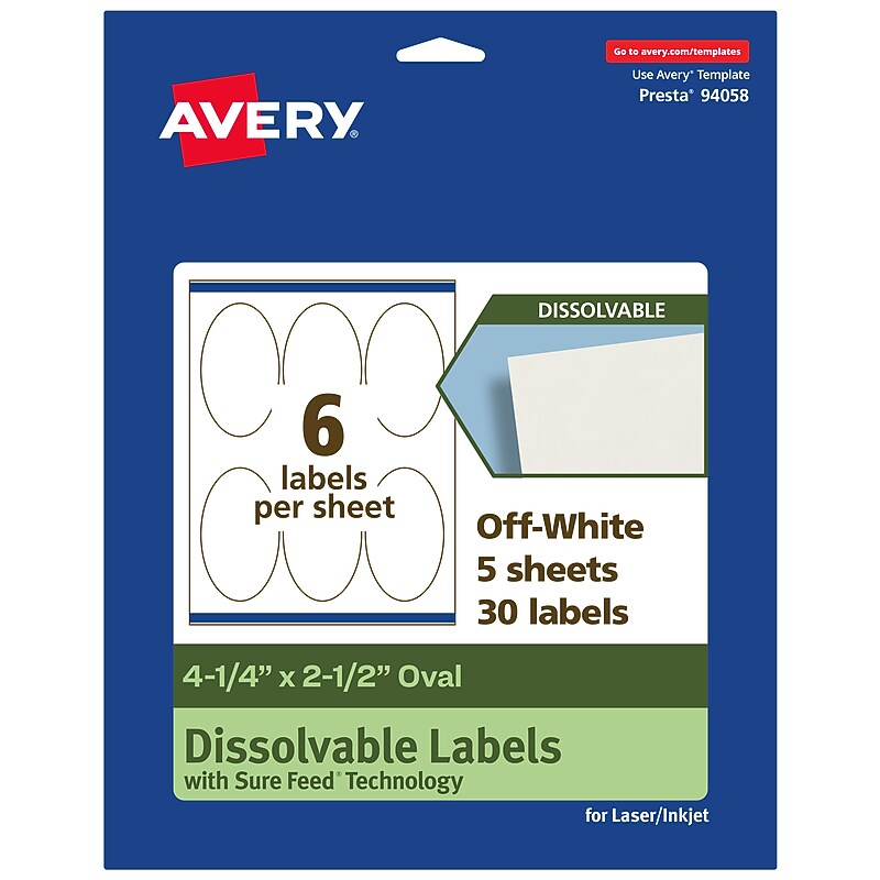 Avery Dissolvable Oval Multipurpose Labels, 4.25" x 2.5", Off-white, 30/Pack (94058) image 1