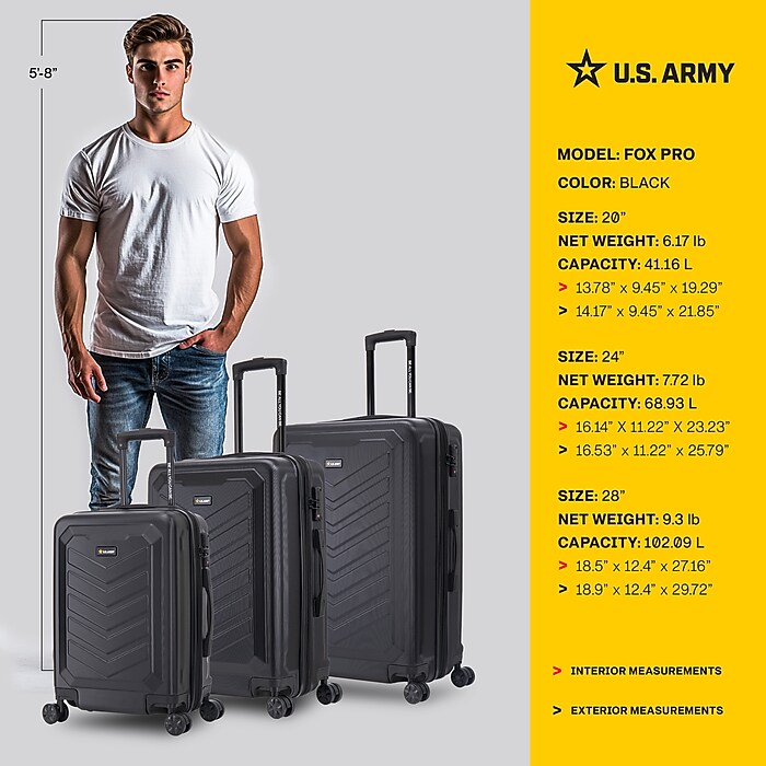 US Army FOX PRO 3-Piece Hardside Spinner Carry-On Luggage Set, TSA