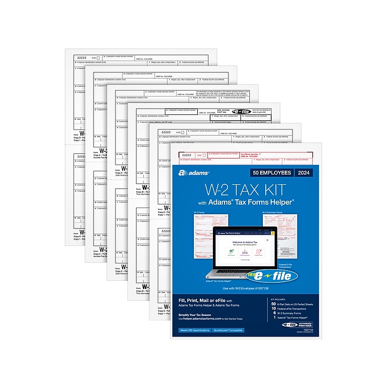 Adams 2024 W-2 Tax Form with W-3 Forms and Access to Tax Forms Helper, 6-Part, 2-Up, Copy A, 1, B, C, 2, D, 50/Pack image 1