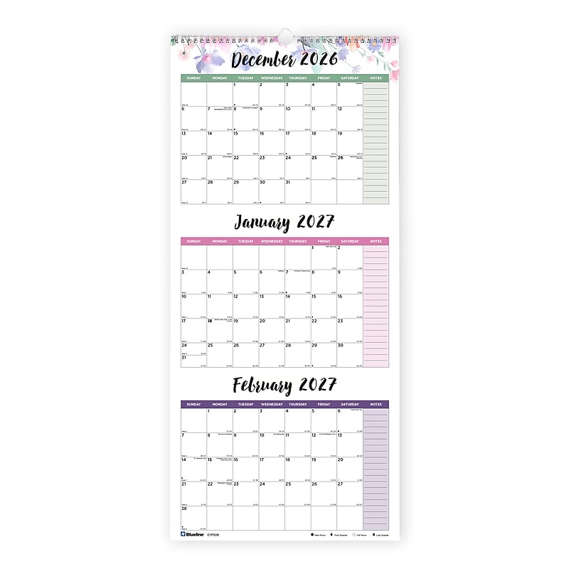 2026-2027 Blueline Colorful Passion Floral 12.25" x 27" Three-Month Wall Calendar (C171129-27) image 1