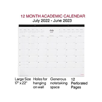 2022-2023 Staples Academic 22" x 17" Monthly Calendar, Black (ST12952-22)