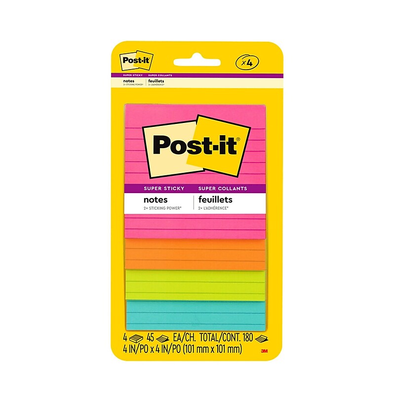 Post-it Super Sticky Notes, 4" x 4", Supernova Neons Collection, Lined, 45 Sheets/Pad, 4 Pads/Pack (4421-4SSMX) image 1