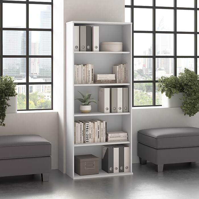 Bush Business Furniture Hustle Tall 5 Shelf Bookcase, White