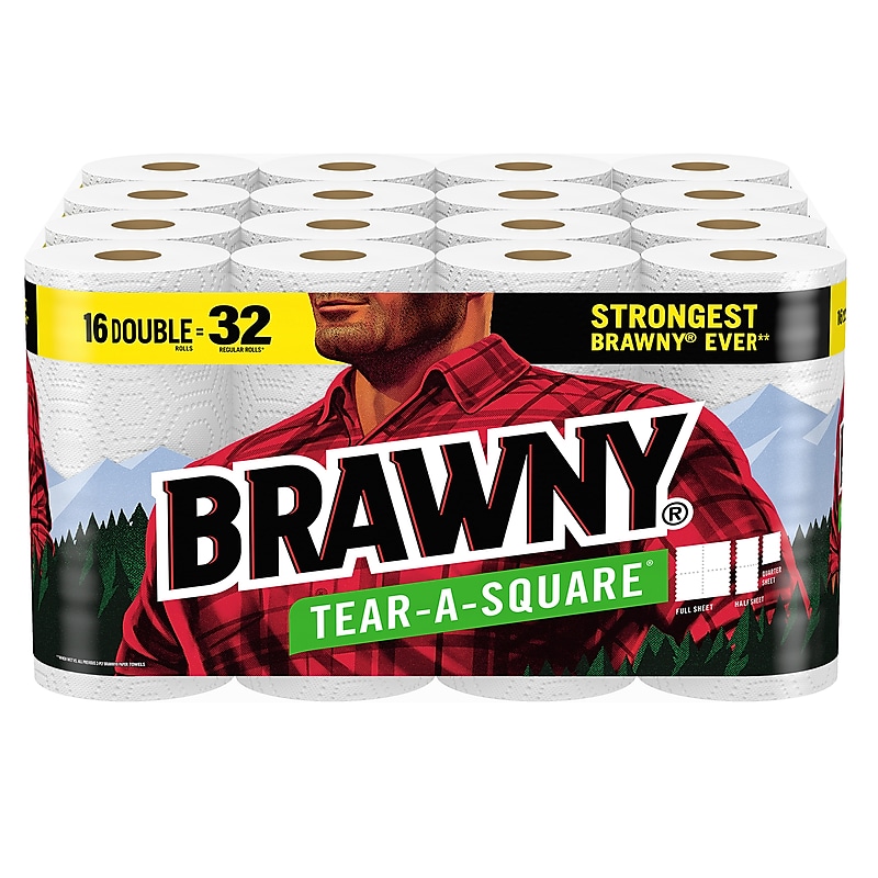 Brawny Tear-A-Square Paper Towels, 2-ply, 120 Sheets/Roll, 16 Rolls/Pack (44372/50) image 1