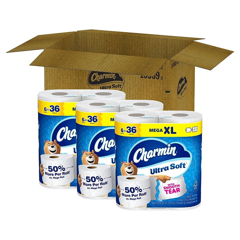 Charmin Ultra Soft Mega XL Toilet Paper, 2-Ply, White, 312 Sheets/Roll, 6 Rolls/Pack, 3 Packs/Carton (01568) image 1