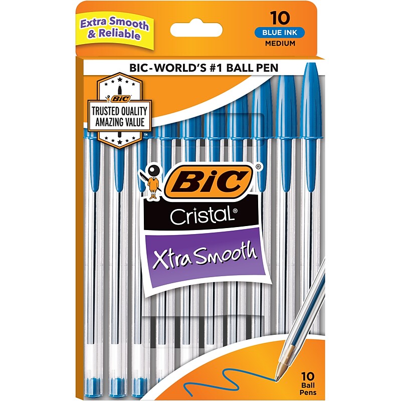 BIC Cristal Xtra Smooth Ballpoint Pen, Medium Point, Blue Ink, 10/Pack (68272) image 1