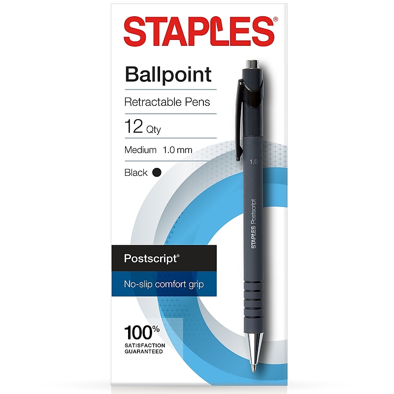 Staples Postscript Retractable Ballpoint Pens, Medium Point, Black Ink, Dozen (18262) image 1