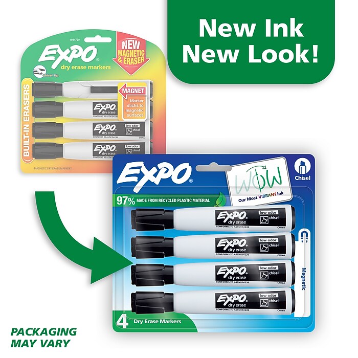 Expo Magnetic Dry Erase Markers, Chisel Tip, Black, 4/Pack