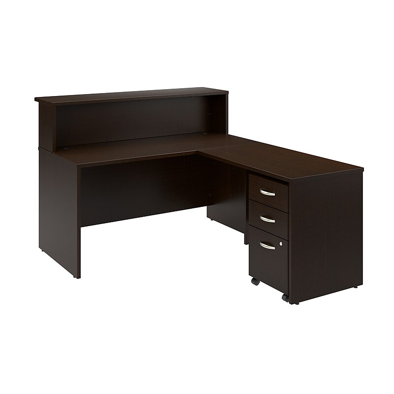 Bush Business Furniture Arrive 60"W L Shaped Reception Desk with Shelf and Mobile File Cabinet, Mocha Cherry (ARV004MR) image 1
