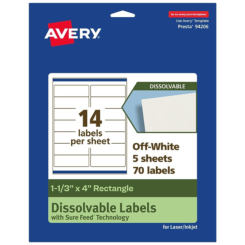Avery Dissolvable Rectangle Multipurpose Labels, 1-1/3" x 4", Off-white, 70/Pack (94206) image 1