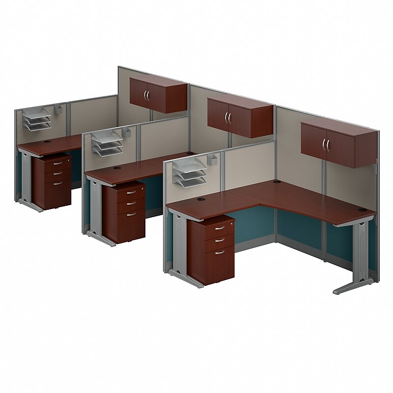 Bush Business Furniture Office in an Hour 63"H x 193"W 3 Person L-Shaped Cubicle Workstation, Hansen Cherry (OIAH006HC) image 1