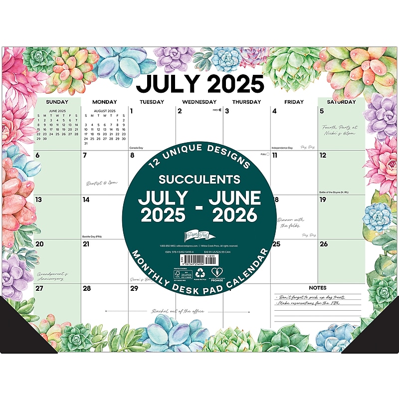 2025-2026 Willow Creek Succulents 22" x 17" Academic Monthly Desk Pad Calendar (54994) image 1