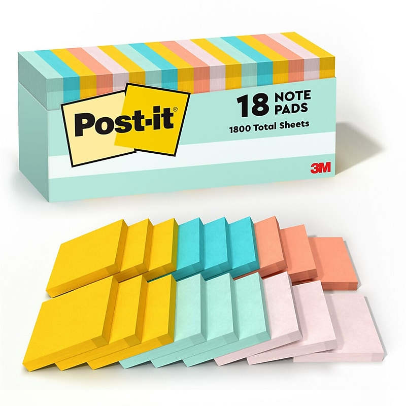 Post-it Sticky Note, 3" x 3", Beachside Café Collection, 100 Sheets/Pad, 18 Pads/Pack (654-18APCP) image 1