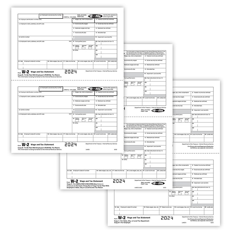 ComplyRight 2024 W-2 Tax Form, 5-Part, 2-Up, Copy B, C/2, D/1, 25/Pack (564825) image 1
