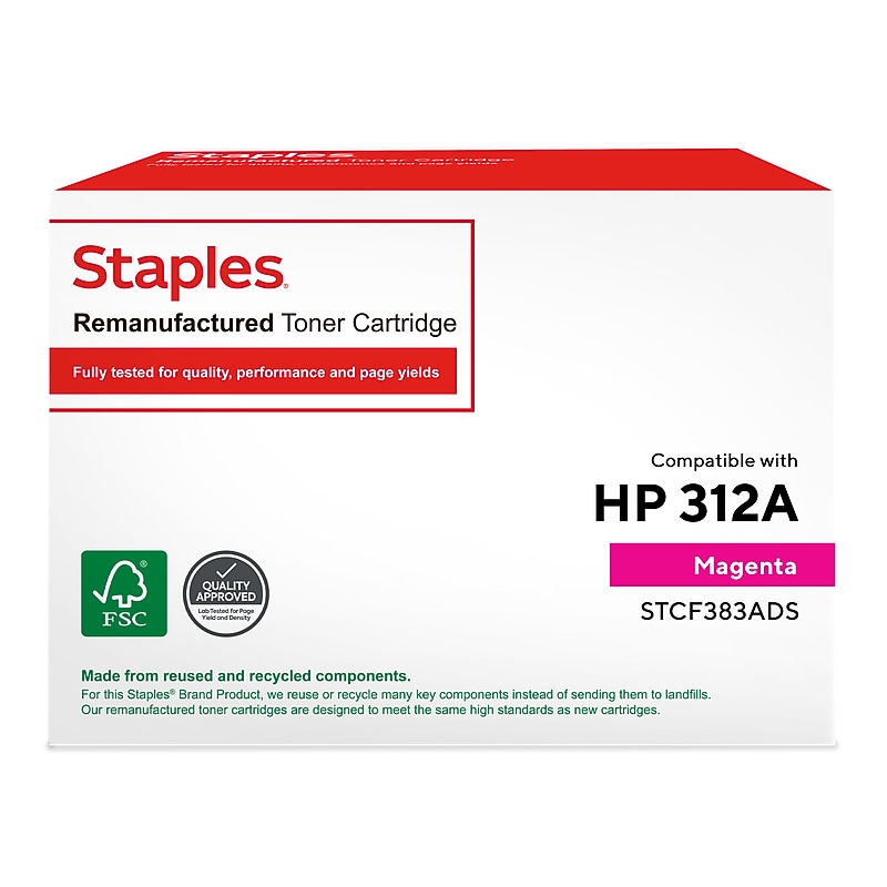 Staples Remanufactured Magenta Standard Yield Toner Cartridge Replacement for HP 312A (TRCF383ADS/STCF383ADS) image 1