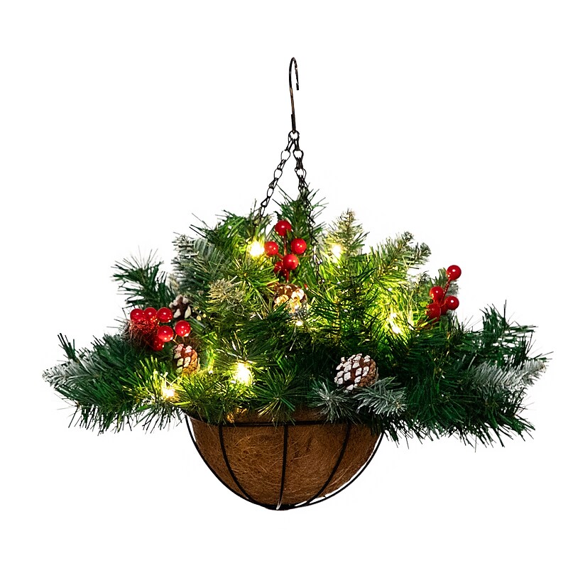 Nearly Natural 16-in Artificial Pine and Berry in Hanging Basket (P2039) image 1