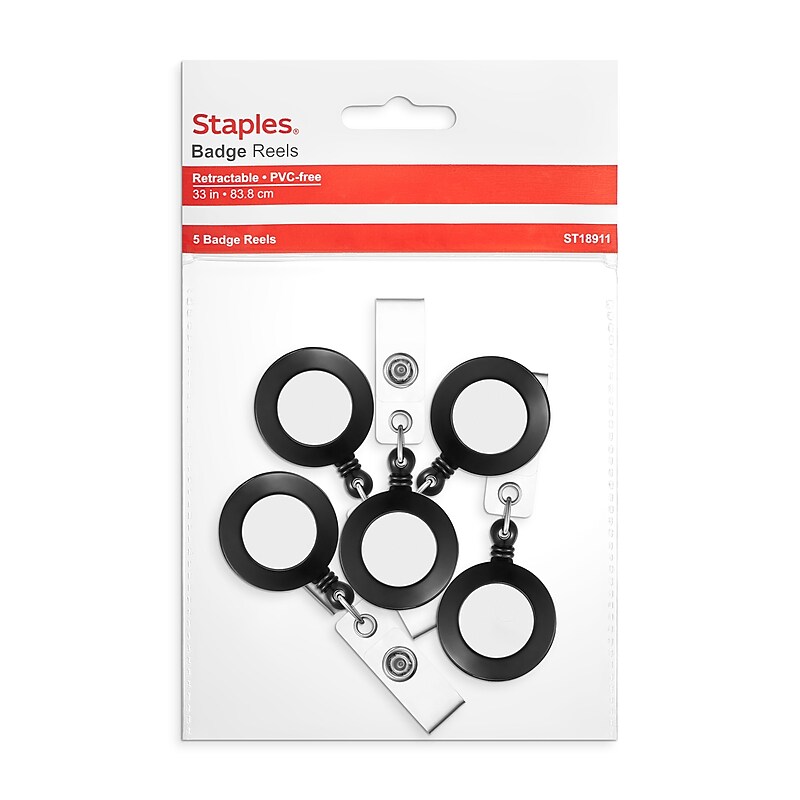 Staples Badge Reels, 33" Retractable Cord Length, Vinyl/Metal, Black, 5/Pack (18911) image 1
