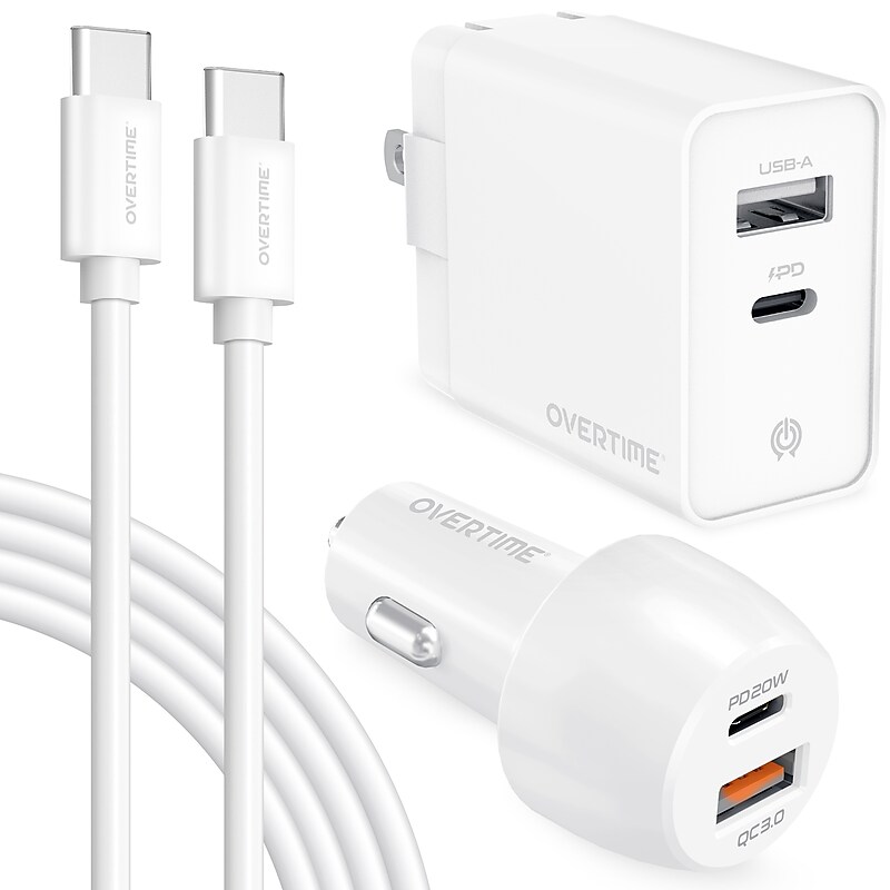 Delton Overtime USB-C/USB Wall Charger and Car Charger with Certified USB-C Cable for iPhone 15/Android, White (DAC3IN12USBRG) image 1