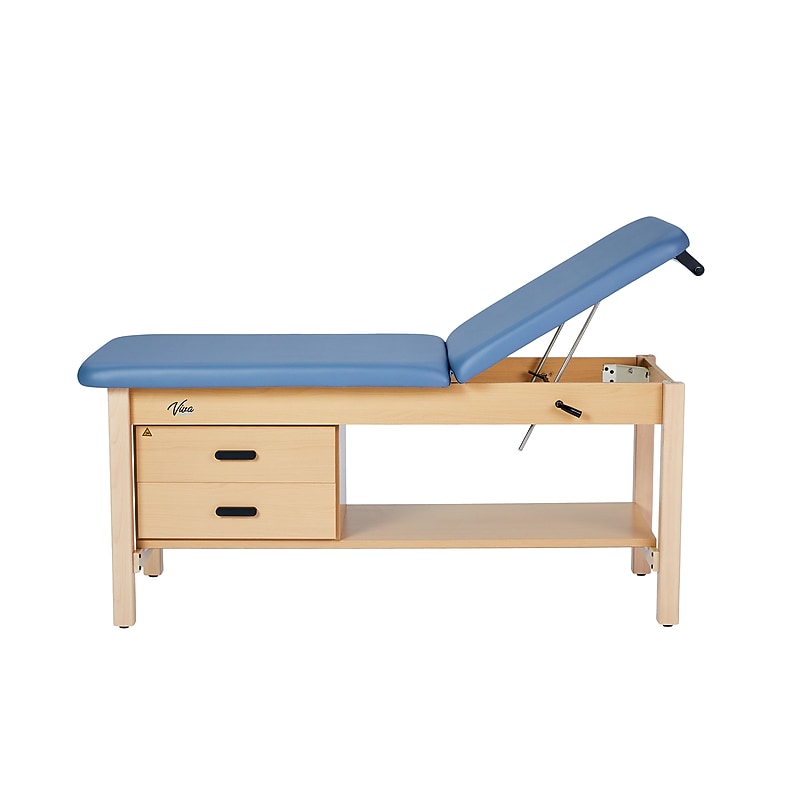 Aristo Wood Physician Adjustable Exam Table with Shelf, Dual Drawer Cabinet, Paper Cutter, Holder, 500 lb Capacity, Blue image 1