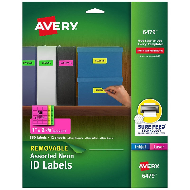 Avery Sure Feed Laser/Inkjet ID Labels, 1" x 2-5/8", Assorted Neon, 360 Labels/Pack (6479) image 1