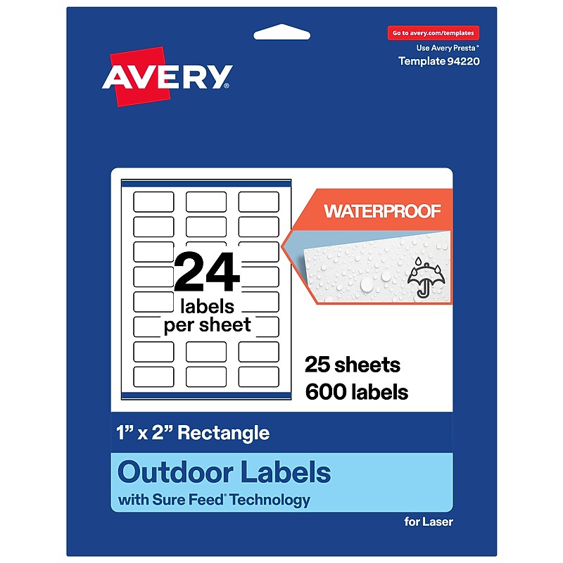 Avery Waterproof Rectangle Laser Multipurpose Labels, 1" x 2", White, 600/Pack (19479399245) image 1