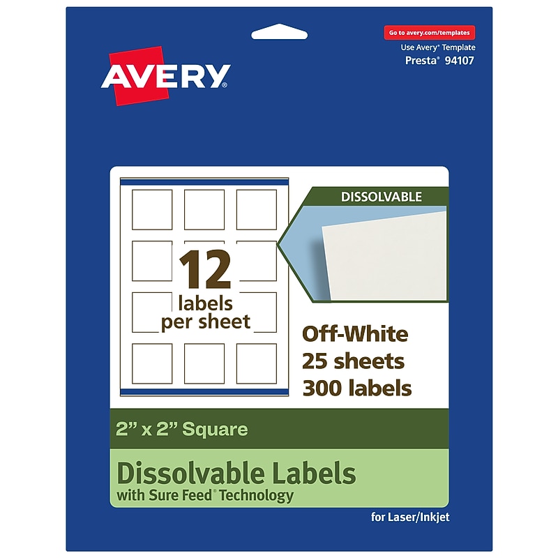 Avery Dissolvable Square Multipurpose Labels, 2" x 2", Off-white, 300/Pack (94107) image 1