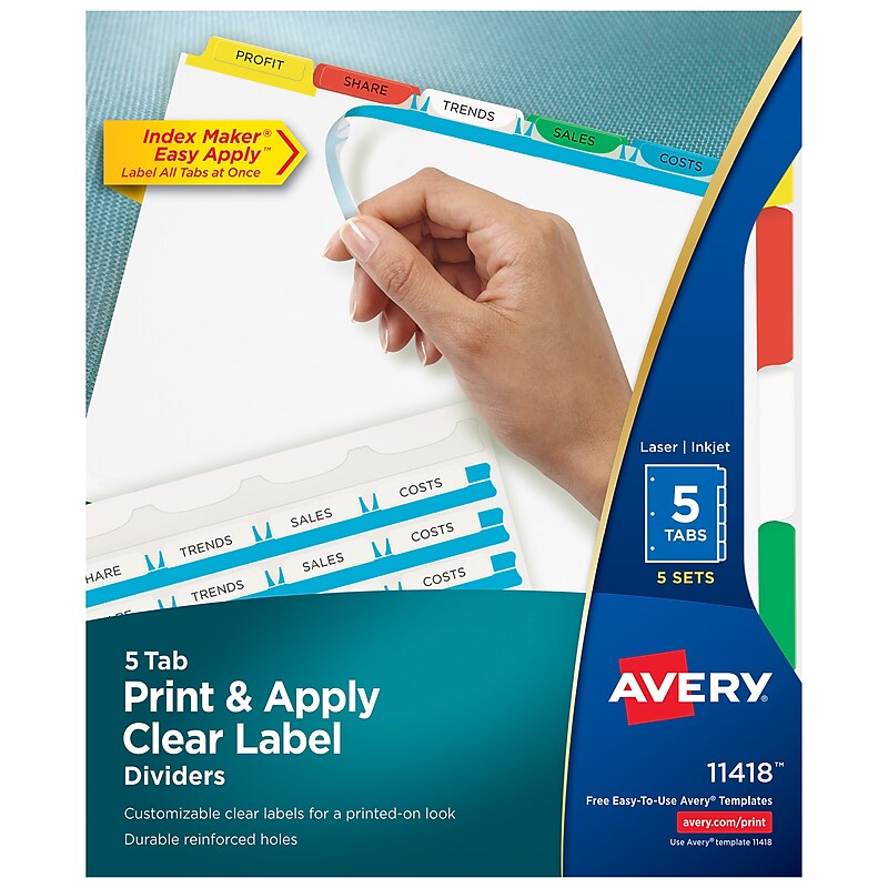 Avery Index Maker Paper Dividers with Print & Apply Label Sheets, 5 Tabs, Multicolor, 5 Sets/Pack (11418) image 1