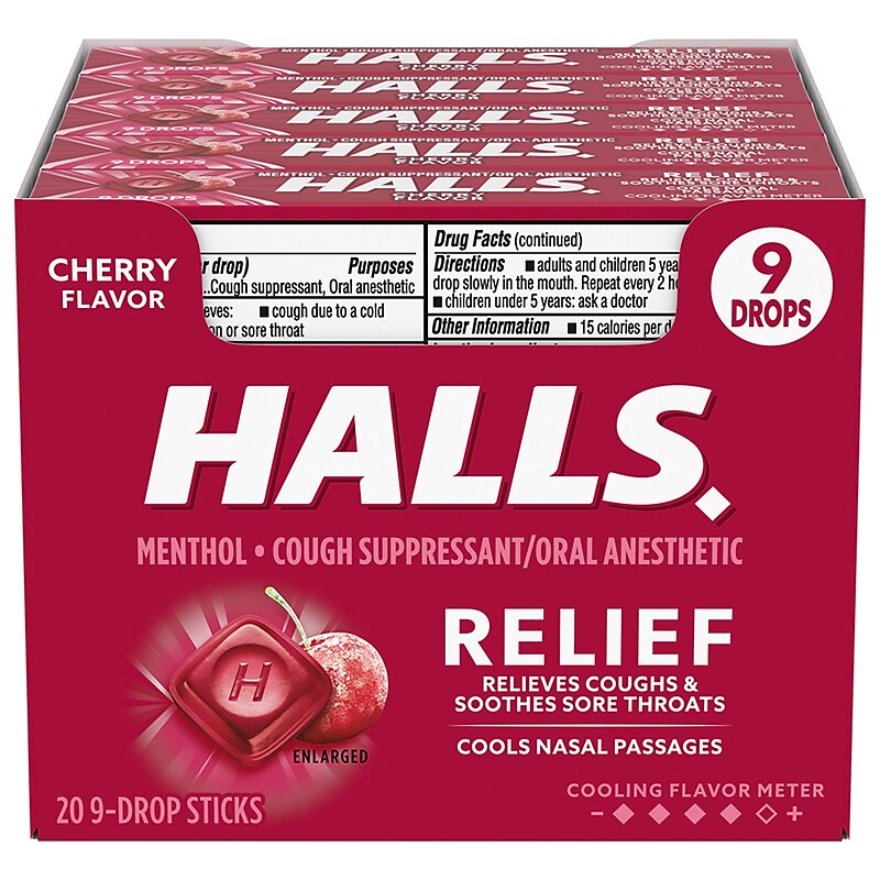 Halls Mentho-Lyptus Cough & Sore Throat Lozenges, Cherry, 9 Pieces/Pack, 20 Packs/Box (AMC62476) image 1