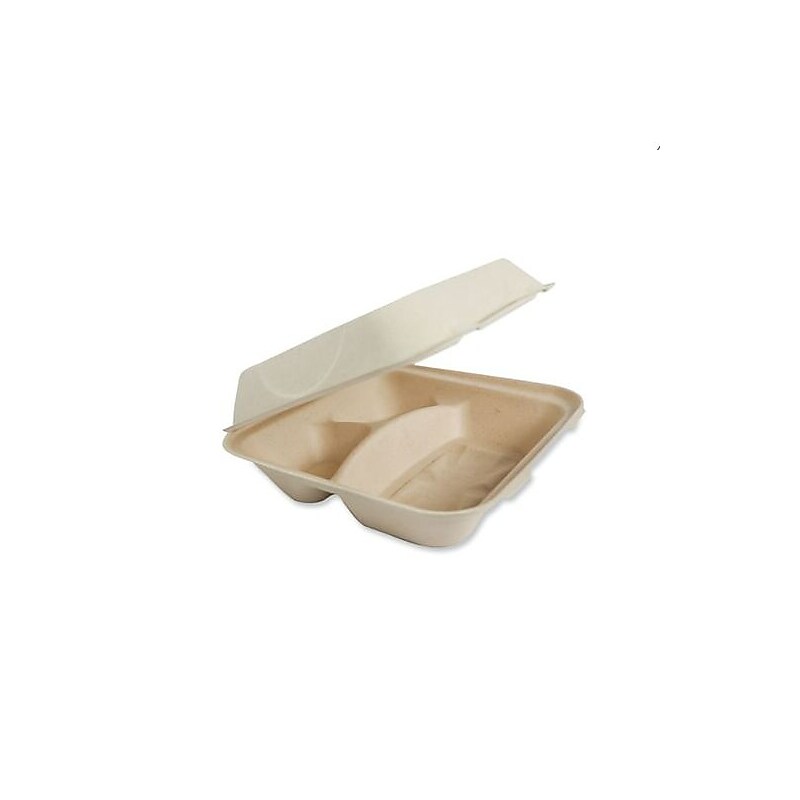 World Centric Fiber Hinged Containers, 3-Compartment, 9.3" x 9" x 3.3", Natural, Paper, 300/Carton (WORTOSCU9TLFP) image 1