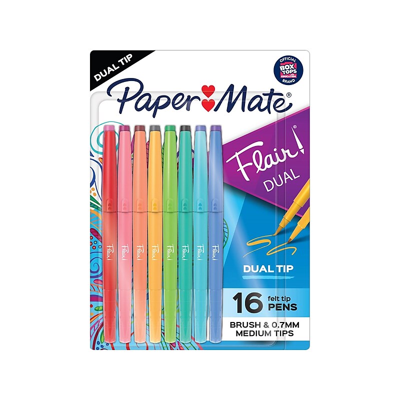 Paper Mate Flair! DUAL Calligraphy Pens, Brush/Medium Tips, Assorted Colors, 16/Pack (2181607) image 1