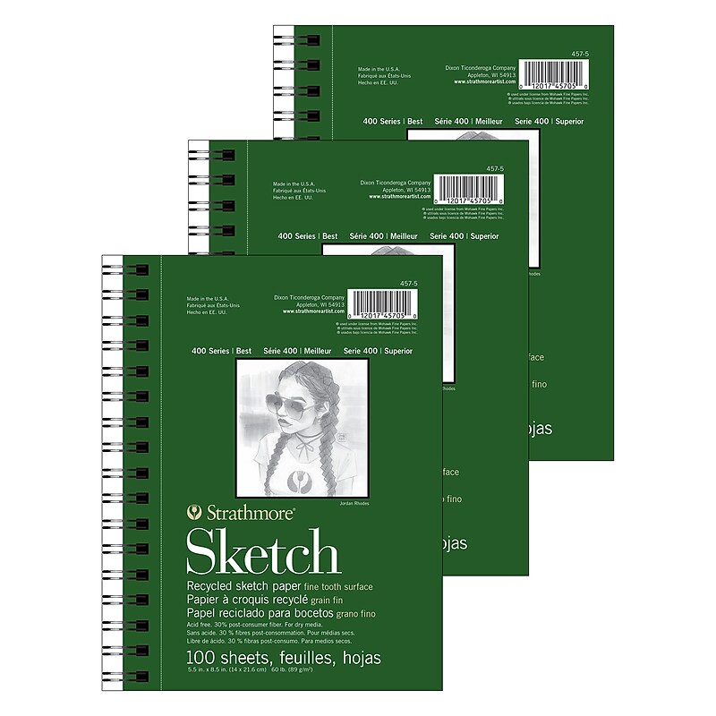 Strathmore 400 Series 5.5" x 8.5" Wire Bound Sketch Pad, 100 Sheets/Pad, 3/Bundle (STTP457506-3) image 1