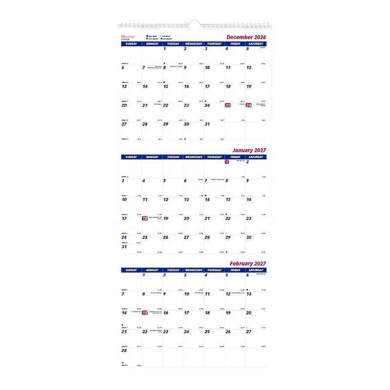 2026-2027 Brownline Classic 12.25" x 27" Three-Month Wall Calendar, White (C171128-27) image 1
