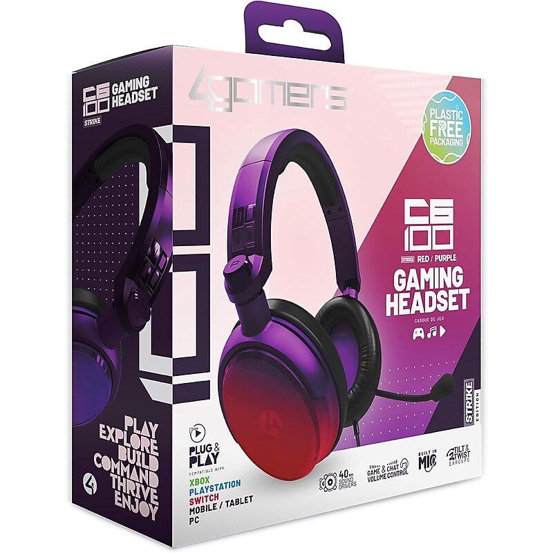 4Gamers C6-100 Stereo Gaming Over-the-Ear Headset, 3.5mm, Red/Purple (C6-100-SRP-4G) image 1