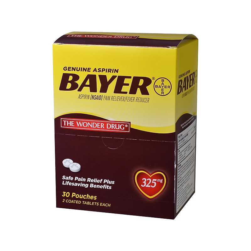 Bayer 325mg Genuine Buffered Aspirin (NSAID) Tablet, 2/Pouch, 30 Pouches/Box (64268) image 1