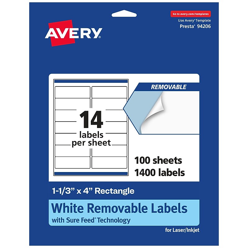 Avery Laser/Inkjet Rectangle Multipurpose Labels, 1-1/3" x 4", White, 1400 Labels/Box (94206) image 1