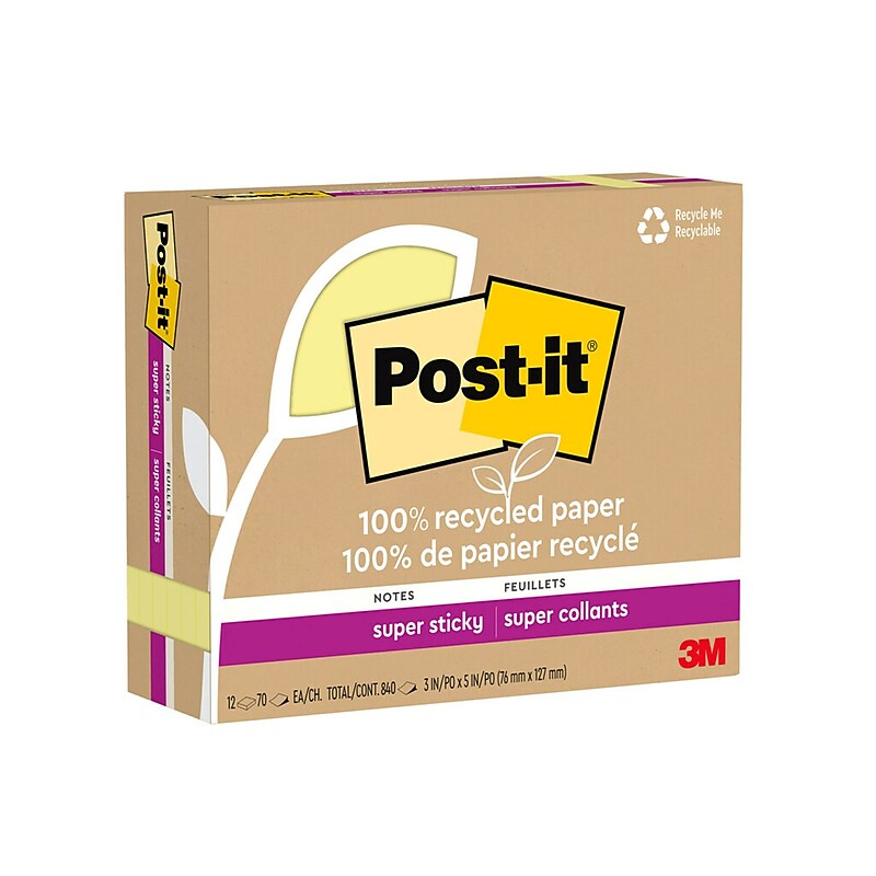 Post-it Recycled Super Sticky Notes, 3" x 5", Canary Collection, 70 Sheets/Pad, 12 Pads/Pack (655R-12SSCY) image 1