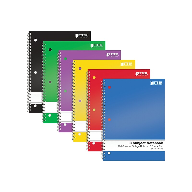Better Office 3-Subject Notebooks, 8" x 10.5", College Ruled, 120 Sheets, 6/Pack (25736-6PK) image 1
