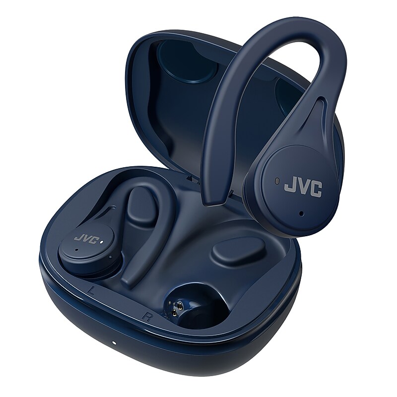 JVC Fitness True Wireless Earbuds with Microphone, Earhooks & Charging Case, Bluetooth, Blue (HA-EC25T) image 1