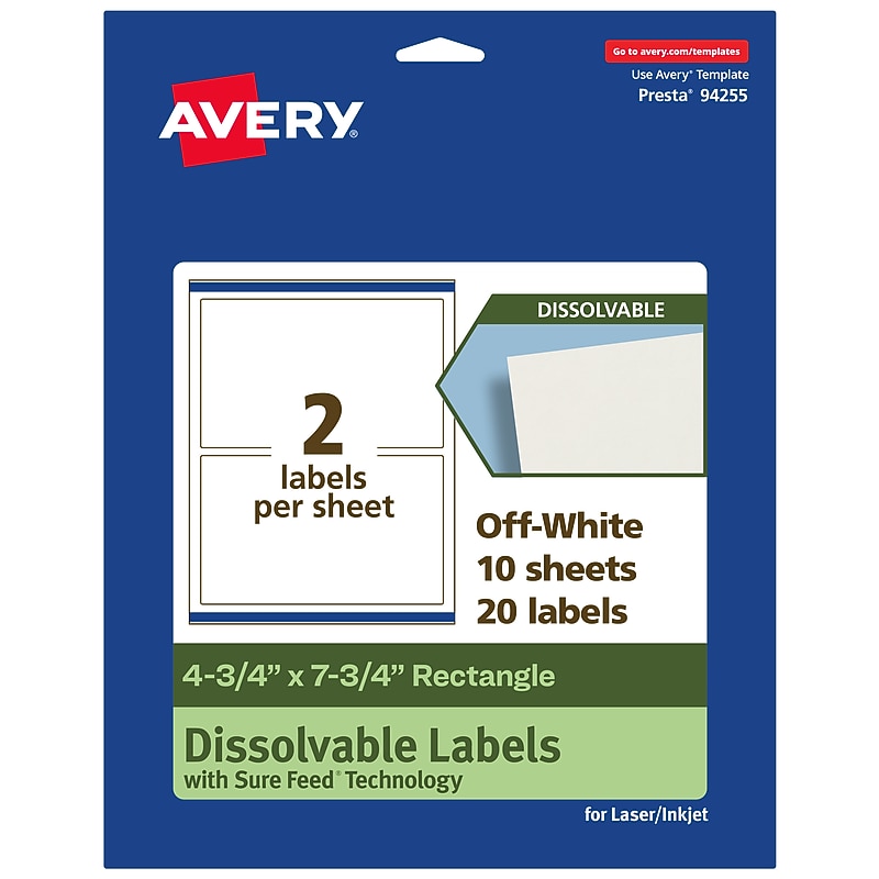 Avery Dissolvable Rectangle Multipurpose Labels, 4.75" x 7.75", Off-white, 20/Pack (94255) image 1