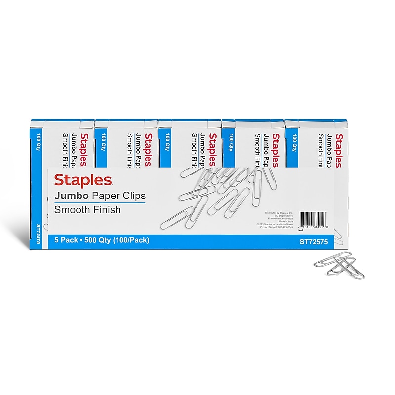 Staples Jumbo Paper Clips, Silver, 100/Pack, 5 Packs image 1