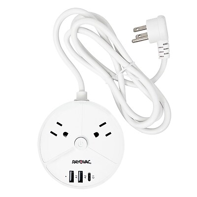 RAYOVAC Charge Disk 2-Outlet 3-USB Port Surge Protector, 5-ft., 540 Joules, White (SS-P203) Simolary simolary.com