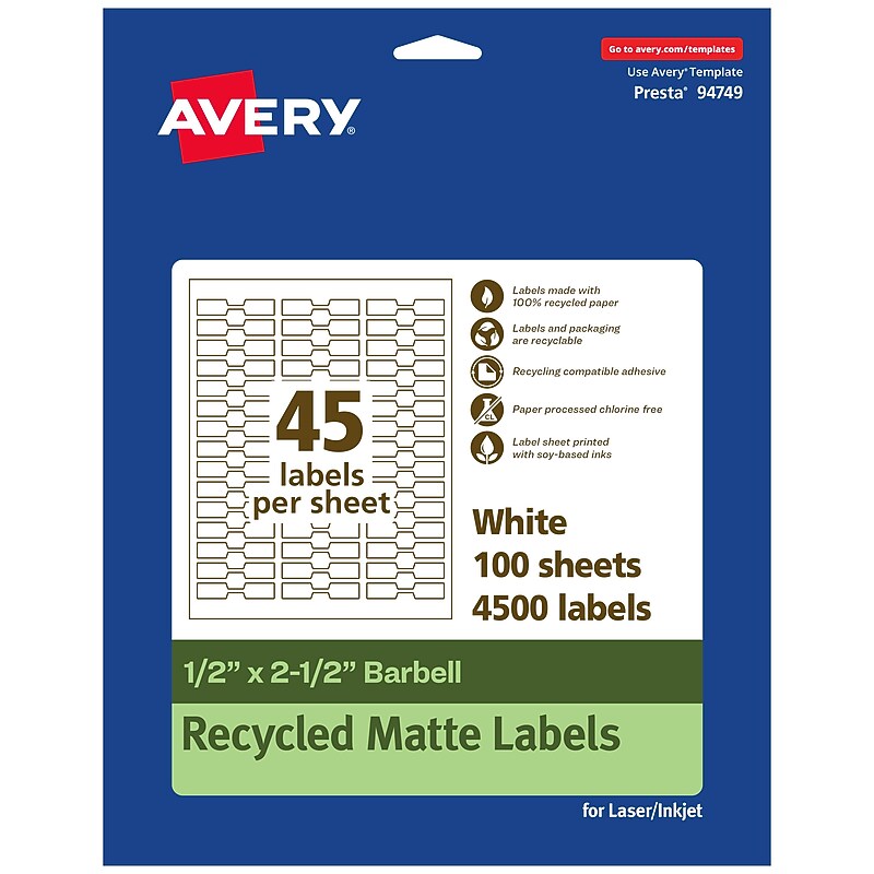 Avery EcoFriendly Laser/Inkjet Multipurpose Labels, 1/2" x 2-1/2", White, 4500/Box (94749) image 1