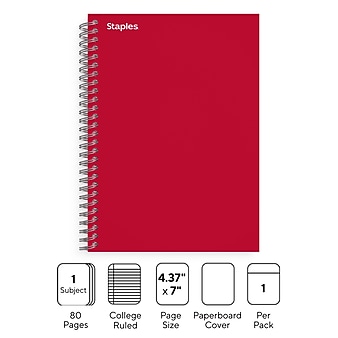 Staples® 1-Subject Subject Notebooks, 5" x 7", College Ruled, 100 Sheets, Assorted (83357)