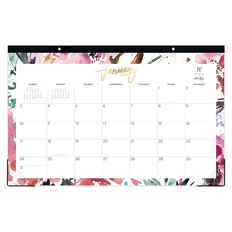2027 Blue Sky Magenta Blooms 17" x 11" Monthly Desk Pad Calendar, Pink/White (149057-27) image 1