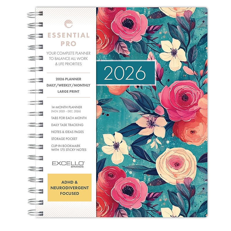 2026 Global Printed Products Essential Pro 7" x 9" Weekly & Monthly Planner, Paperboard Cover, Teal Floral (ESPRO-CY26-79-17) image 1