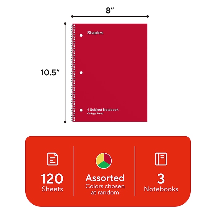 TRU RED 3‑Subject Notebook, 8” x 10.5”, Wide Ruled, 120 Sheets