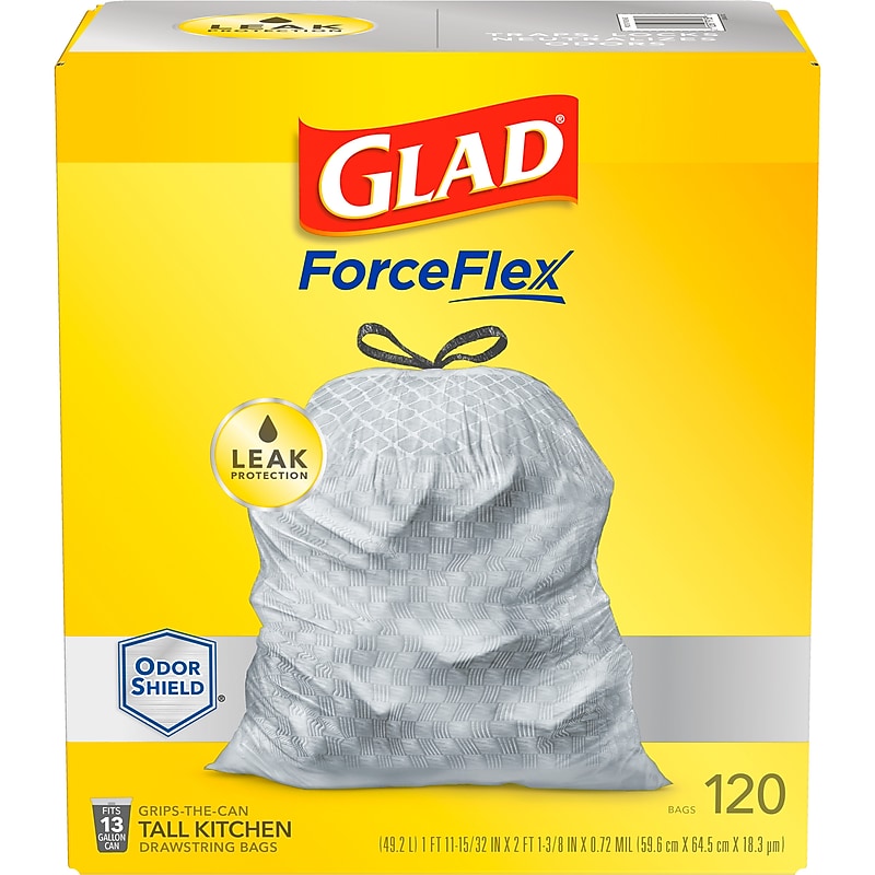 Glad ForceFlex OdorShield 13 Gallon Kitchen Trash Bag, 23.75" x 25.4", Low Density, 0.72 mil, Gray, 120 Bags/Box (79158) image 1
