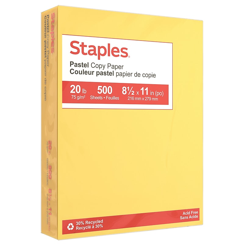 Staples Pastel 30% Recycled Color Copy Paper, 20 lbs., 8.5" x 11", Canary, 500/Ream (14787) image 1